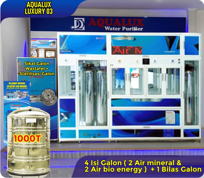 Mesin depot air minum AQUALUX Luxury 03 — 4 isi galon (2 air mineral, 2 bio energy) + 1 bilas galon