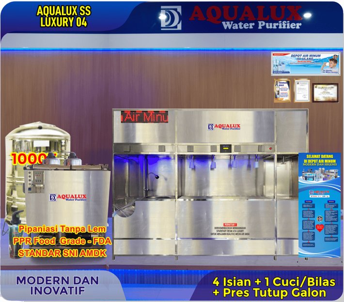 Mesin depot air minum AQUALUX SS Luxury 04 — 4 isian + 1 cuci/bilas + pres tutup galon